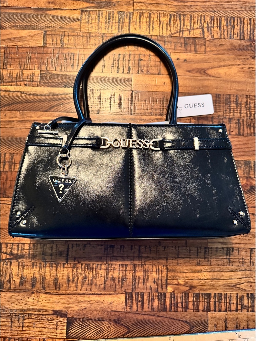 Guess Black Patent Leather Satchel Tote Bag with Logo Charm
